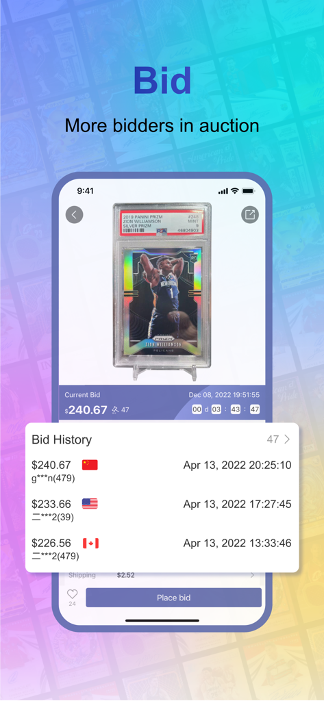 Card Hobby - Zion Williamson 농구 카드 경매를 보여주는 모바일 앱 인터페이스와 해외 사용자들의 입찰 기록 오버레이.