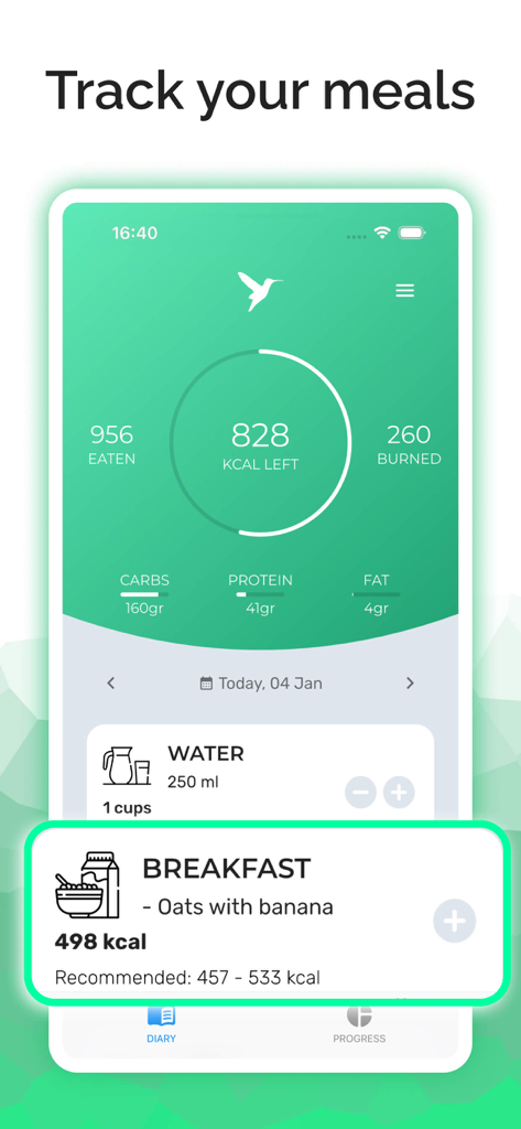 Interface do Rastreador de Nutrição exibindo calorias e macronutrientes
