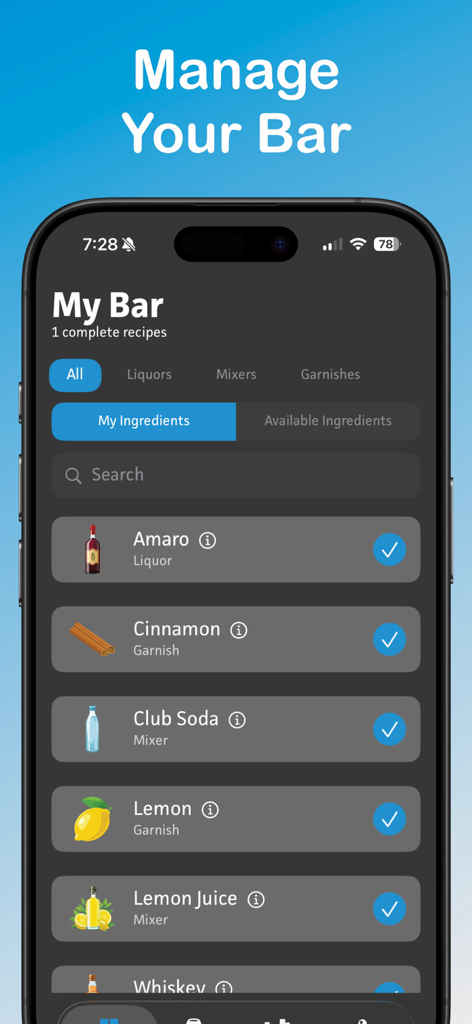 DrinkSmith: Home Bartending - A smartphone screen displaying the My Bar section of the DrinkSmith app with a list of ingredients including amaro, cinnamon, and club soda.