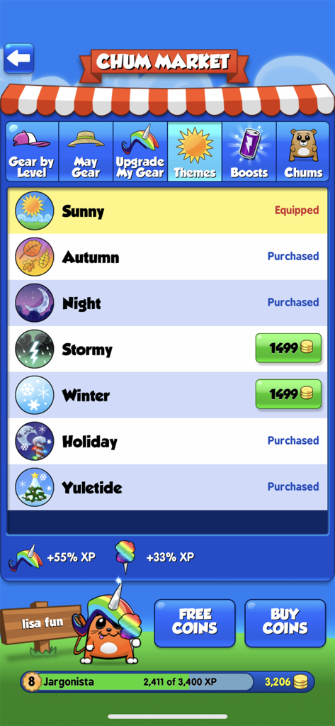 Word Chums - In-game market screen of Word Chums showing different visual themes like Sunny and Autumn for game customization
