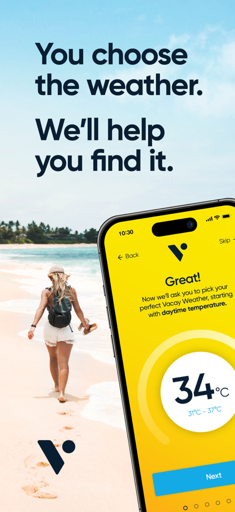 Vacay Weather - Interfaz de la aplicación Vacay Weather para elegir la temperatura de viaje preferida con fondo de playa