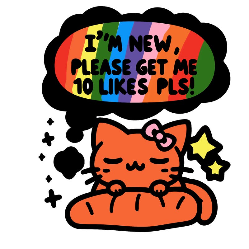 kitty taking a nap dream talking and saying "i'm new, please get me at least 10 likes pls!!"