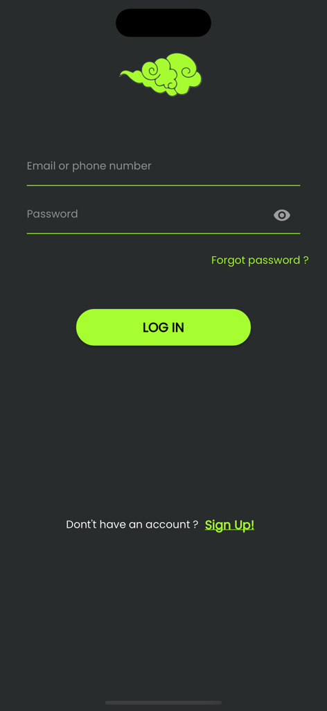 Samuh Bhutan mobile app login screen with a green cloud logo and entry fields for email and password.