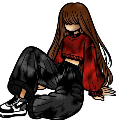 a girl with baggy pants and a crop top with long hair