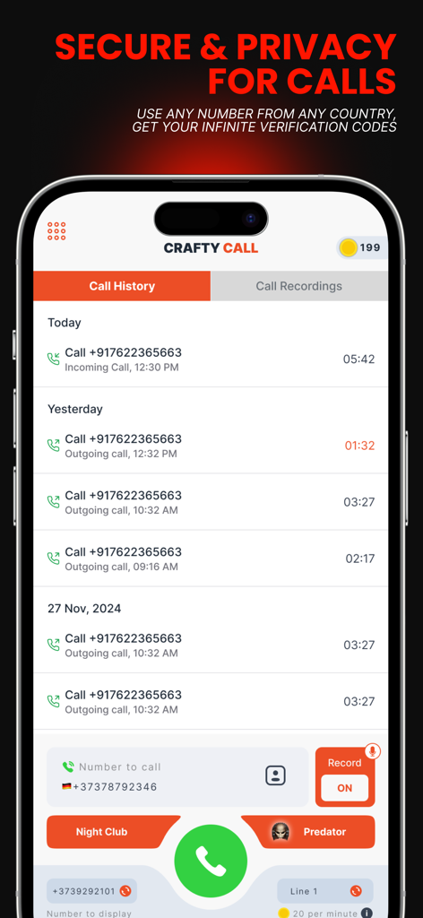 Magic Voice Changer for Calls - Une interface de smartphone montrant le journal de l'historique des appels et les paramètres du numéro virtuel dans l'application Changeur de Voix Magique pour Appels