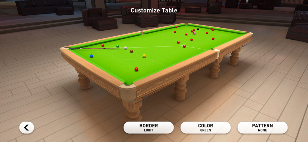Pantalla de personalización de mesa en Real Snooker 3D mostrando una mesa de snooker verde con opciones de color del borde y patrón de la tela
