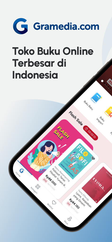 Gramedia mobile app home screen showing Indonesian book categories and flash sale promotions.