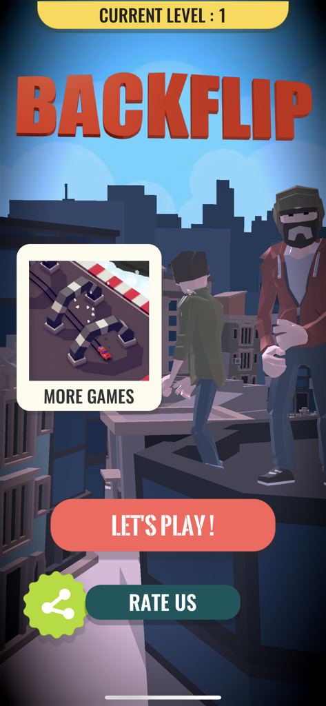 BACKFLIP - PARKOUR FLIP JUMP - 都会の屋上に立つ3Dラグドールキャラクターとプレイボタンが表示されたBackflip Parkour Flip Jumpモバイルゲームのメインメニュー