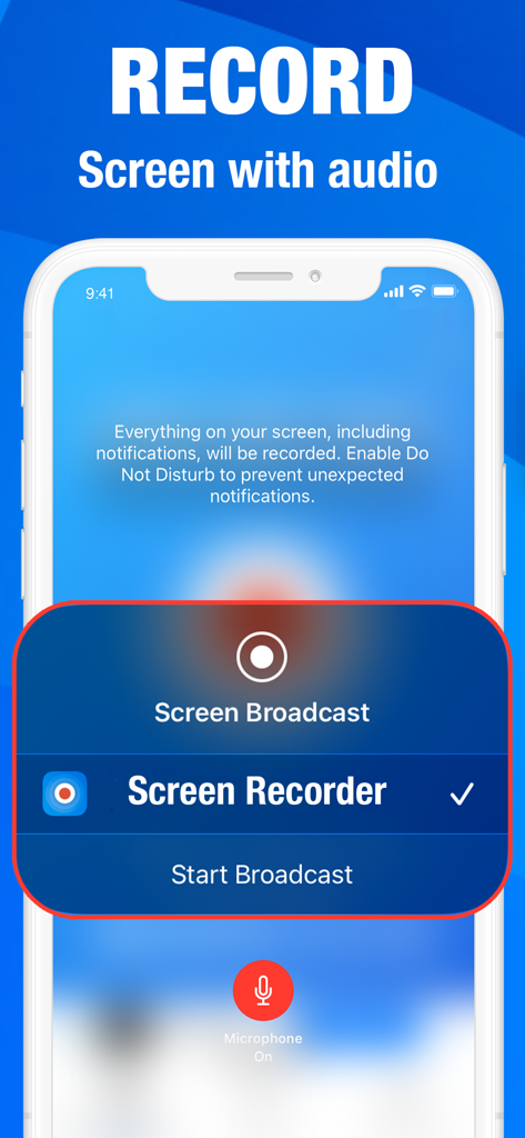Screen recorder. Recording app - iOS screen recorder interface displaying the screen broadcast menu and microphone activation status.