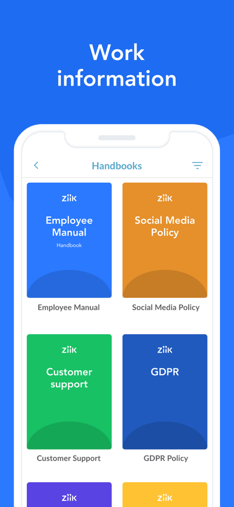 Ziik - The Social Intranet - 従業員マニュアル、ソーシャルメディアポリシー、GDPRの会社ハンドブックを表示するZiikアプリの画面