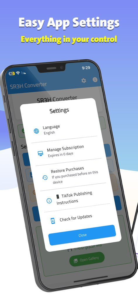 SR3H Video Converter - Una captura de pantalla de la aplicación SR3H Video Converter mostrando el menú de configuración con opciones de idioma, suscripciones e instrucciones de publicación para TikTok.