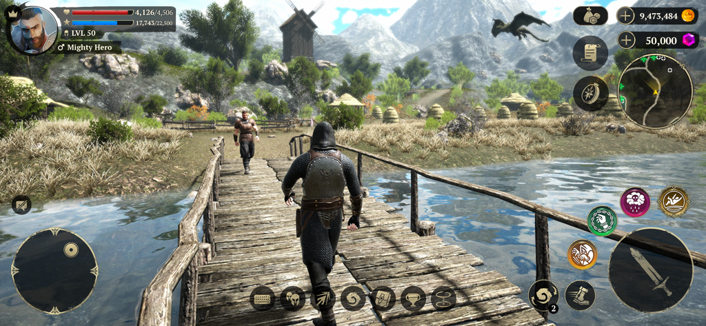 Evil Lands: Epic MMORPG game - Un eroe medievale in armatura cammina su un ponte di legno in un mondo fantasy 3D ad alta fedeltà con un drago che vola sulle montagne