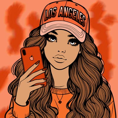realistic beautiful girl wearing los ángeles cap holding an iphone