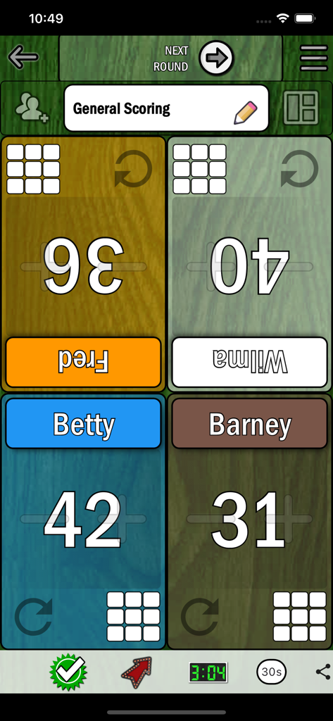 Board Game Buddy - A multiplayer scoring screen in the Board Game Buddy app showing four color-coded player sections with scores and a round timer.