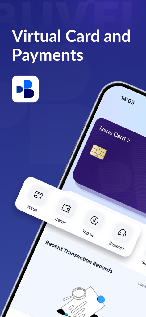 Buvei mobile app interface showing options to issue virtual cards and view recent transactions