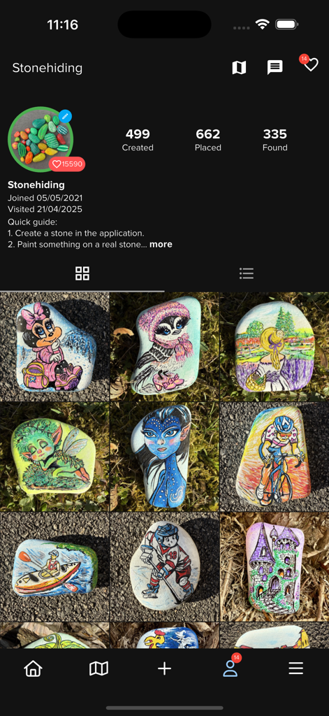 Stonehiding - Perfil da app Stonehiding mostrando uma grelha de pedras pintadas lindamente.