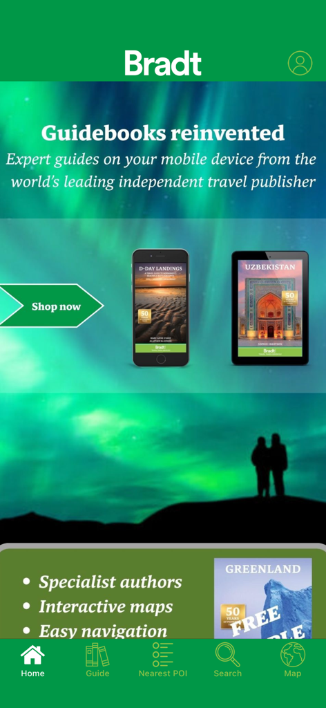 Écran d'accueil de l'application de voyage Bradt Guides montrant des guides numériques et des fonctionnalités interactives
