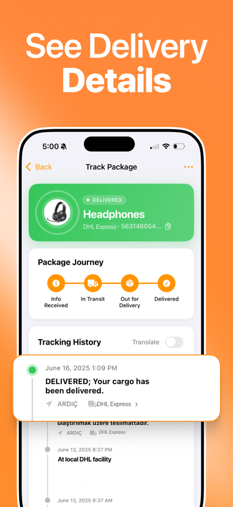 Package Tracker & Track Parcel - Tela de smartphone mostrando a jornada de entrega de um pacote e o status de entregue para fones de ouvido.