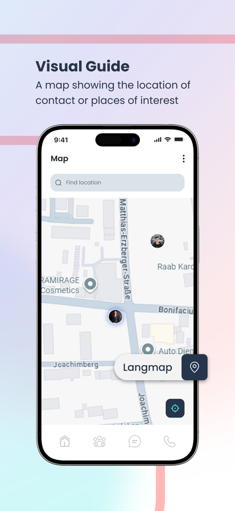 Langaroo+ - Captura de tela do mapa interativo Langaroo plus mostrando locais de usuários e pontos de interesse.
