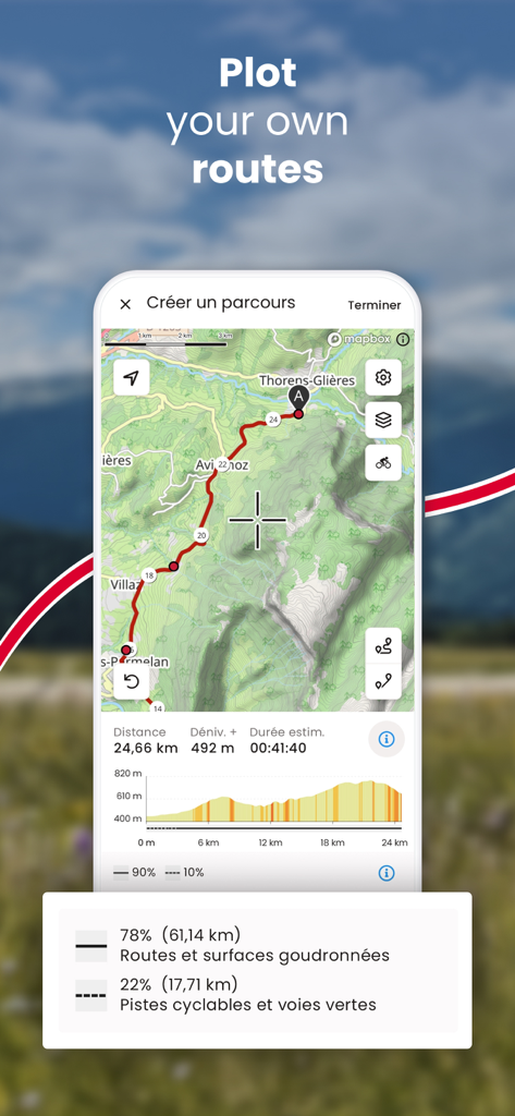 OpenRunner – Bike, hike, trail - OpenRunner app interface for plotting custom outdoor routes with elevation profile and distance statistics.