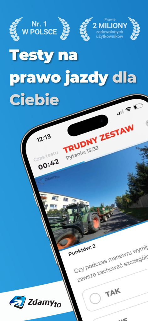 iPhone che mostra un set di domande di difficoltà elevata sull'app Zdamyto per l'esame di guida con un'immagine di scenario stradale