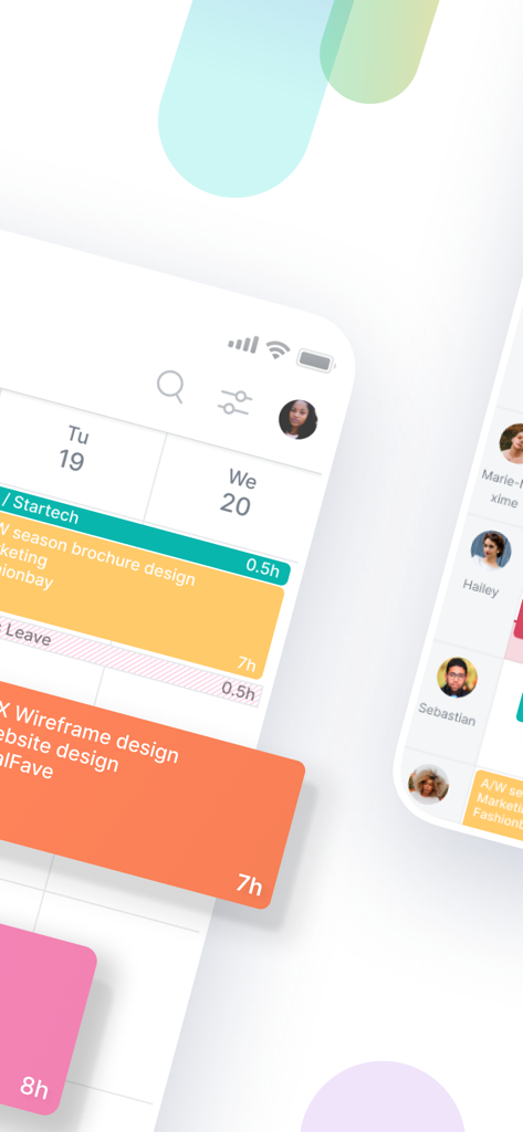 Float App mobile Benutzeroberfläche, die einen Projektzeitplan mit Aufgabendauer und Teammitglieder-Avataren anzeigt