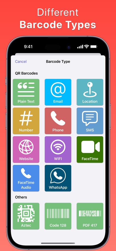 QR Barcode Generator Scanner - A menu in the QR Barcode Generator app showing icons for different QR code types like Email and WiFi alongside industrial barcodes like Aztec and Code 128