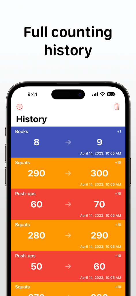 Tally app history screen showing counting logs for books and fitness activities with timestamps.