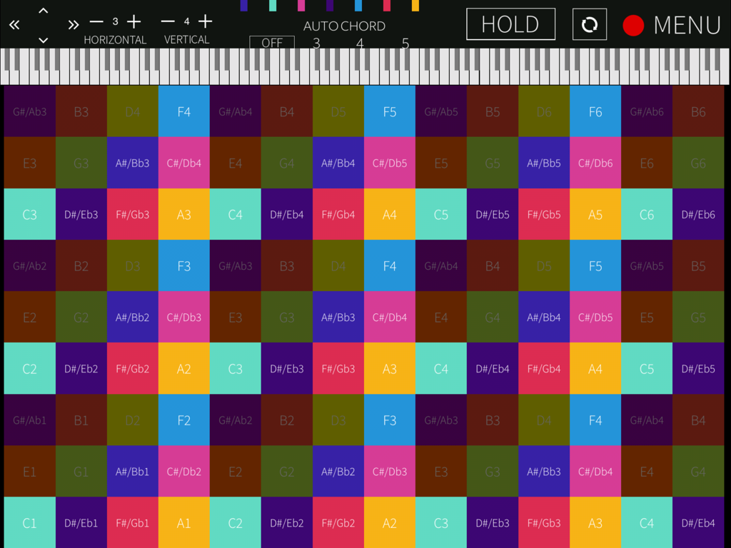 Polyplayground - Polyplayground app interface displaying a colorful isomorphic note grid for music theory and MIDI control