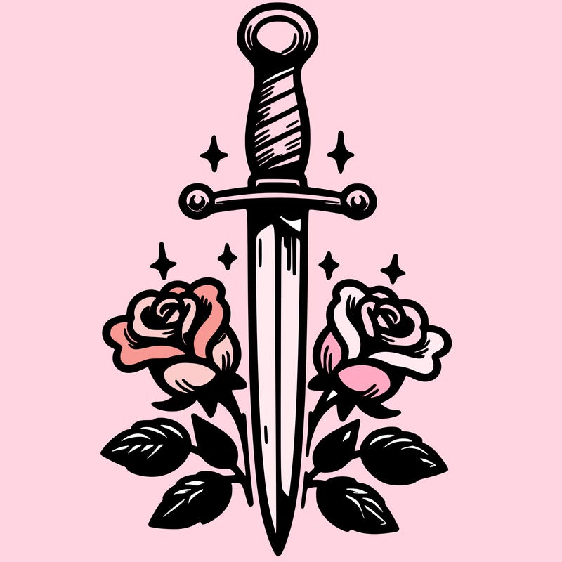 dagger in upright position with roses in front