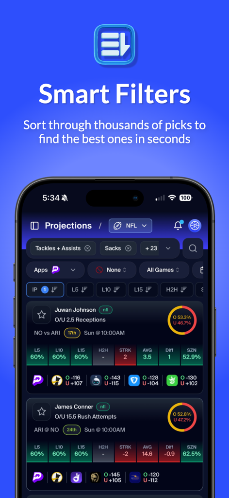 プレイヤープロップベッティング統計のスマートフィルターを表示するPickFinderアプリのインターフェイス