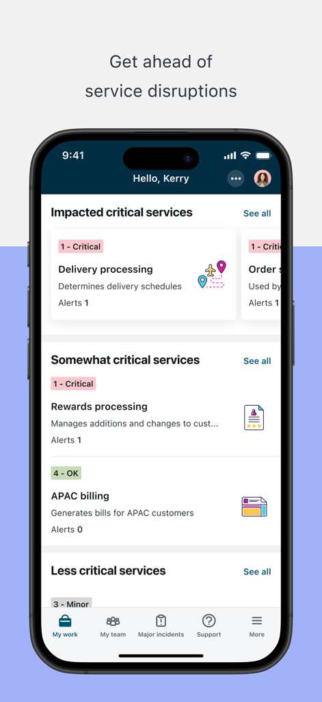 ServiceNow Agent アプリのダッシュボード。エンタープライズ IT 管理のための重大なサービスアラートとステータス更新が表示されています。