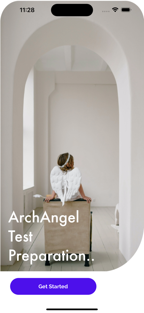 ArchAngel Test Preparation - Pantalla de bienvenida de la aplicación ArchAngel Test Preparation con un niño con alas de ángel y un botón para empezar