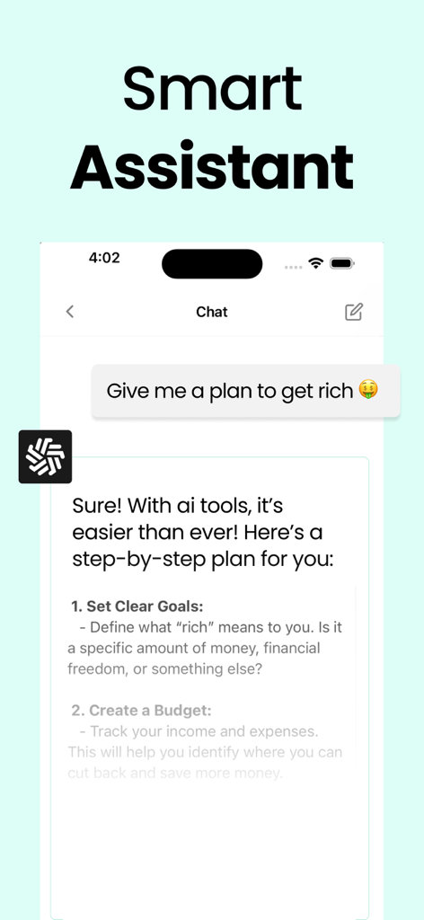Chat Genius - AI Bot Assistant - Schermata dello smartphone del bot AI Chat Genius che fornisce un piano finanziario passo-passo per un utente