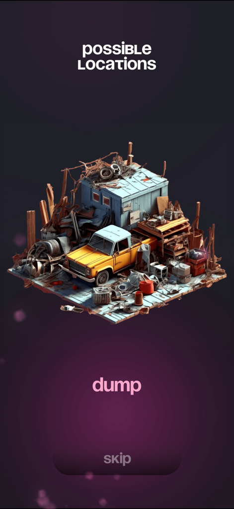 Spy - party game - 3D isometric illustration of a junkyard dump location in the Spy party game