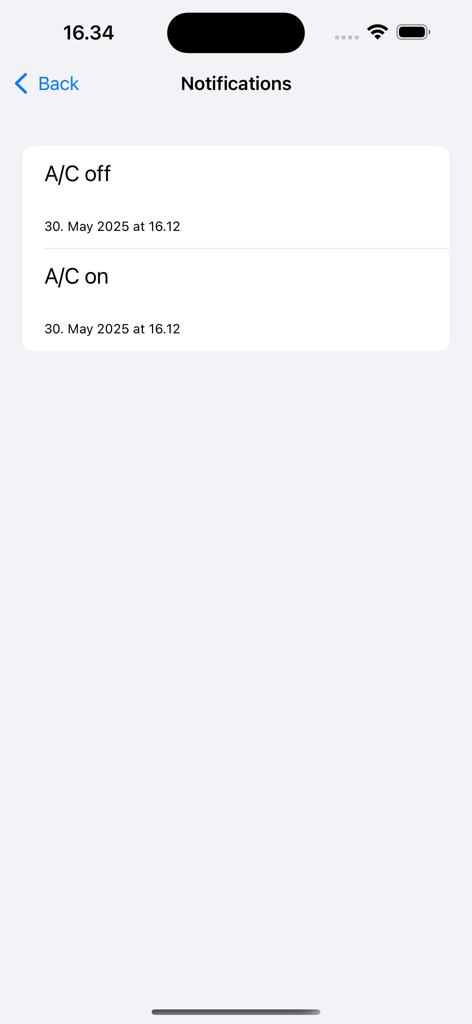OpenCARWINGS - OpenCARWINGS notifications screen displaying a history of remote air conditioning on and off status updates.