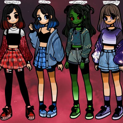 one girl with crop-top shirt and a jacket with a skirt, long socks and another girl with a shirt and pants with a jacket