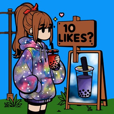 girl with oversized hoodie drinking boba and she has a high ponytail with a sign that says 10likes?