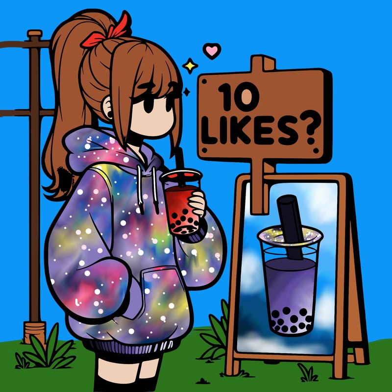 girl with oversized hoodie drinking boba and she has a high ponytail with a sign that says 10likes?