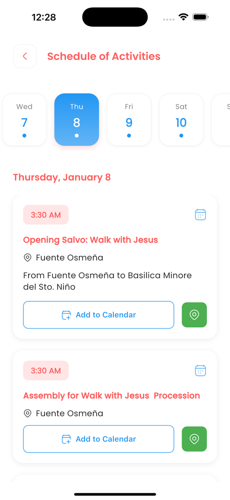 Sinulog Festival - Sinulog Festival app schedule of activities screen showing events for January 8 like the Walk with Jesus procession.