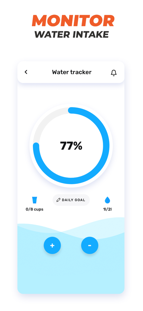 Walking & Weight Loss Tracker - 77%의 원형 진행률 표시줄과 빠른 추가 버튼이 있는 수분 섭취량 모니터링을 위한 모바일 인터페이스