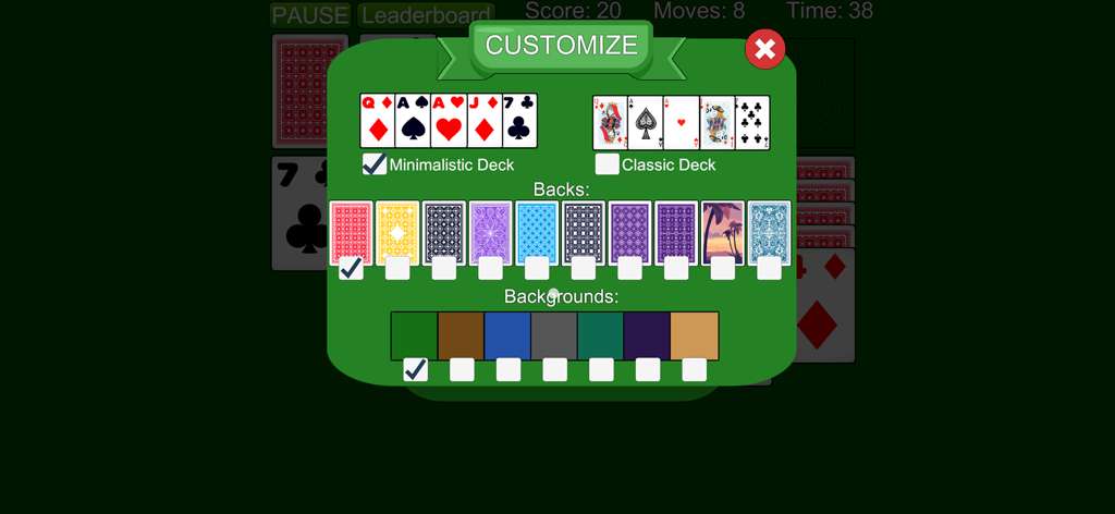 Solitaire Classic Klondike Ace - El menú de personalización en Solitaire Classic Klondike Ace que muestra opciones para mazos de cartas, dorsos de cartas y colores de fondo.