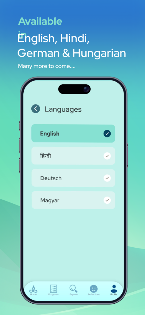 Innergy app language selection screen showing English Hindi German and Hungarian support