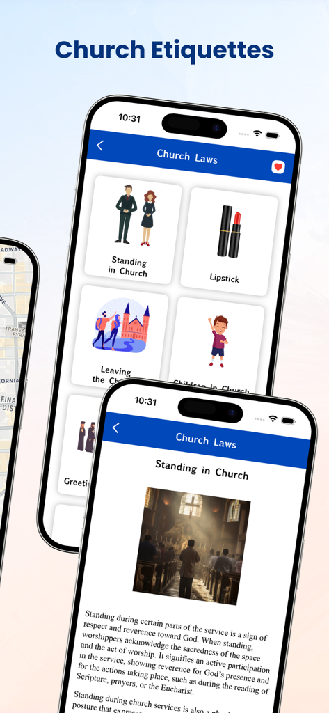 A mobile app interface showing church etiquette rules and explanations