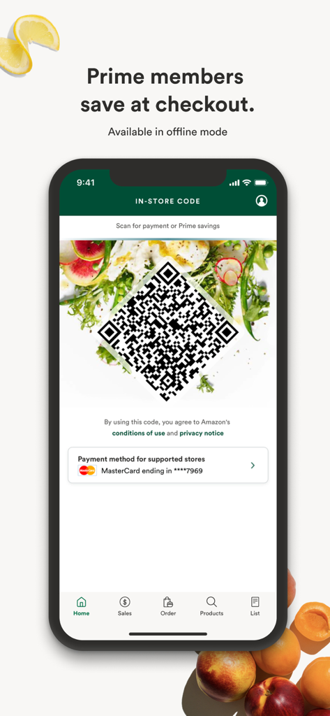 Whole Foods Market app displaying an in-store QR code for Prime member savings and digital payment.