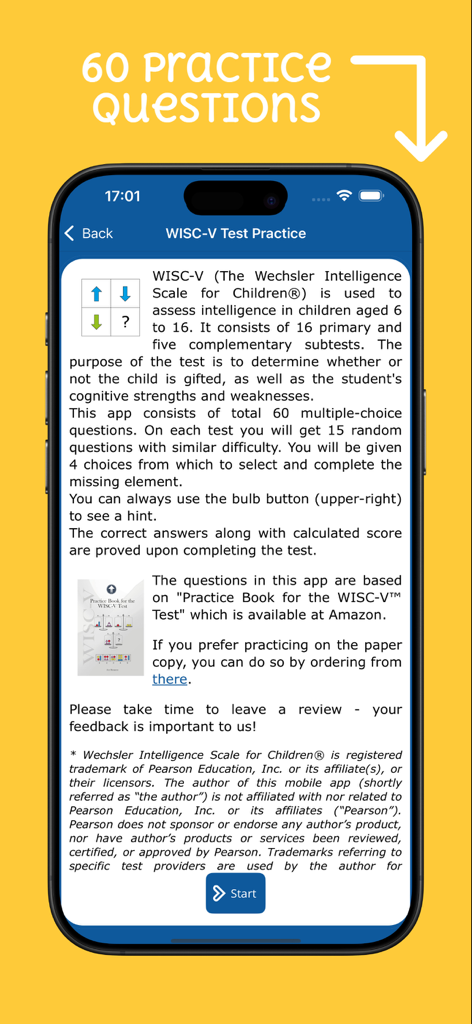 Introductory screen of the WISC-V Test Practice Pro app showing test description and practice question details