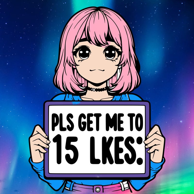 realistic girl holding up a sign that says “pls get me to 15 likes!”