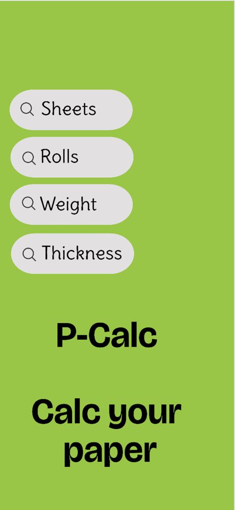 P-Calc - Main screen of P-Calc app showing paper calculation categories including sheets rolls weight and thickness