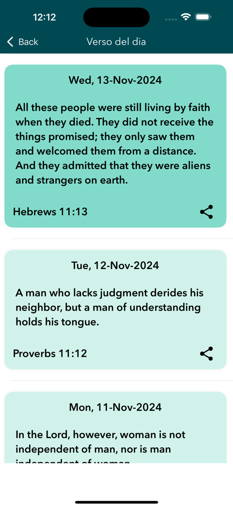 Zulu - English Bible (Offline) - Screenshot of the Zulu English Bible app showing a list of daily bible verses with sharing options