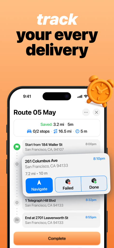 Routo: Delivery Route Planner - Interface of the Routo app showing a delivery route with multiple stops and options to navigate mark as failed or mark as done